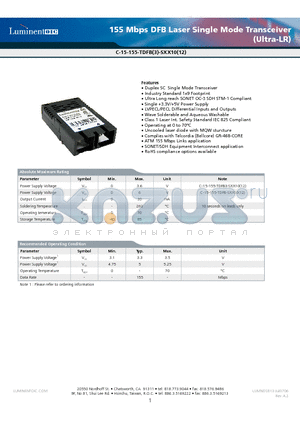 C-15-155-TDFB-SFC10DG5 datasheet - 155 Mbps DFB Laser Single Mode Transceiver (Ultra-LR)