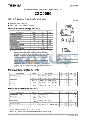 2SC5086_07 datasheet - Silicon NPN Epitaxial Planar Type VHF~UHF Band Low Noise Amplifier Applications