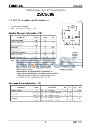 2SC5088 datasheet - Silicon NPN Epitaxial Planar Type VHF~UHF Band Low Noise Amplifier Applications