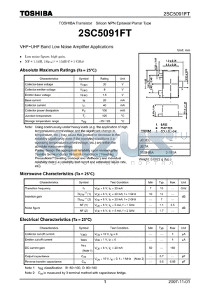 2SC5091FT datasheet - Silicon NPN Epitaxial Planar Type VHF~UHF Band Low Noise Amplifier Applications