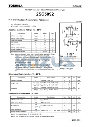 2SC5092_07 datasheet - Silicon NPN Epitaxial Planar Type VHF~UHF Band Low Noise Amplifier Applications