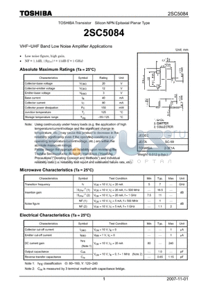 2SC5084 datasheet - Silicon NPN Epitaxial Planar Type VHF~UHF Band Low Noise Amplifier Applications