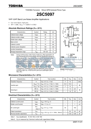 2SC5097 datasheet - Silicon NPN Epitaxial Planar Type VHF~UHF Band Low Noise Amplifier Applications