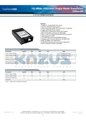 C-15-155-TDFB3-SFC12E datasheet - 155 Mbps DFB Laser Single Mode Transceiver (Ultra-LR)