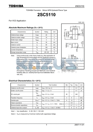 2SC5110 datasheet - Silicon NPN Epitaxial Planar Type For VCO Application
