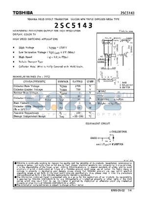 2SC5143 datasheet - NPN TRIPLE DIFFUSED MESA TYPE (HORIZONTAL DEFLECTION OUTPUT FOR HIGH RESOLUTION DISPLAY, COLOR TV. HIGH SPEED SWITCHING APPLICATIONS)