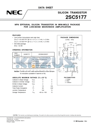 2SC5177 datasheet - NPN EPITAXIAL SILICON TRANSISTOR IN MINI-MOLD PACKAGE FOR LOW-NOISE MICROWAVE AMPLIFICATION