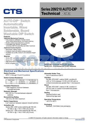 209 datasheet - AUTO-DIP^ Switch Automatically Insertable, Wave Solderable, Board Washable DIP Switch