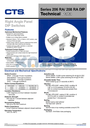 208RA datasheet - Right Angle Panel DIP Switches