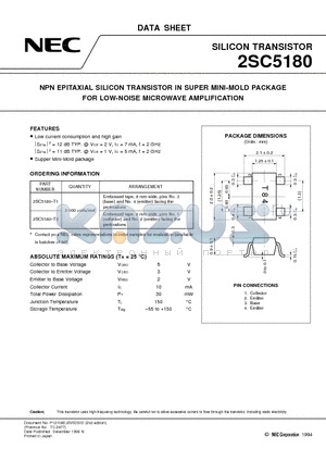 2SC5180 datasheet - NPN EPITAXIAL SILICON TRANSISTOR IN SUPER MINI-MOLD PACKAGE FOR LOW-NOISE MICROWAVE AMPLIFICATION