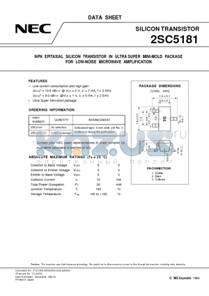 2SC5181 datasheet - NPN EPITAXIAL SILICON TRANSISTOR IN ULTRA SUPER MINI-MOLD PACKAGE FOR LOW-NOISE MICROWAVE AMPLIFICATION