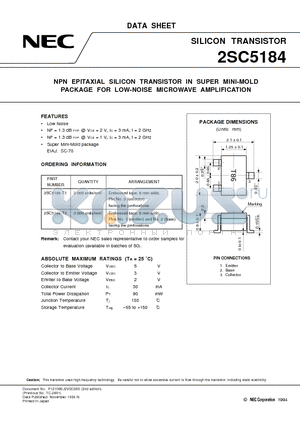 2SC5184 datasheet - NPN EPITAXIAL SILICON TRANSISTOR IN SUPER MINI-MOLD PACKAGE FOR LOW-NOISE MICROWAVE AMPLIFICATION