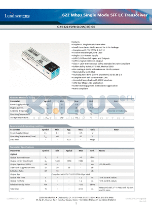 C-15-622-FDFB-SLC4A-55-G5 datasheet - 622 Mbps Single Mode SFF LC Transceiver