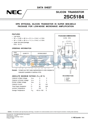 2SC5184-T2 datasheet - NPN EPITAXIAL SILICON TRANSISTOR IN SUPER MINI-MOLD PACKAGE FOR LOW-NOISE MICROWAVE AMPLIFICATION