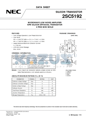 2SC5192-T1 datasheet - MICROWAVE LOW NOISE AMPLIFIER NPN SILICON EPITAXIAL TRANSISTOR 4 PINS MINI MOLD