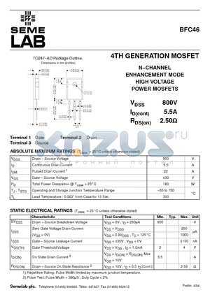 BFC46 datasheet - 4TH GENERATION MOSFET N-CHANNEL ENHANCEMENT MODE HIGH VOLTAGE POWER MOSFETS