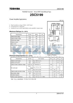 2SC5199 datasheet - Power Amplifier Applications