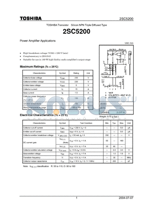 2SC5200 datasheet - Power Amplifier Applications