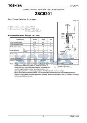 2SC5201 datasheet - Silicon NPN Triple Diffused Mesa Type High-Voltage Switching Applications