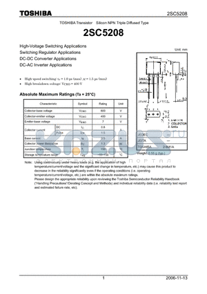 2SC5208 datasheet - Silicon NPN Triple Diffused Type High-Voltage Switching Applications