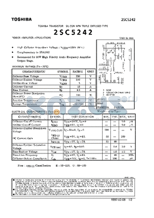 2SC5242 datasheet - NPN TRIPLE DIFFUSED(FOR POWER AMPLIFIER APLLICATIONS)