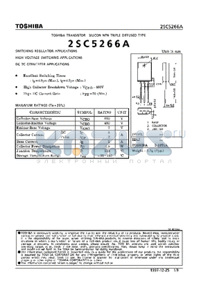 2SC5266A datasheet - NPN TRIPLE DIFFUSED TYPE (SWITCHING REGULATOR, HIGH VOLTAGE SWITCHING, DC-DC CONVERTER APPLICATIONS)
