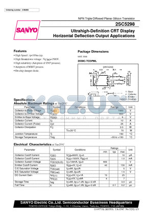 2SC5298 datasheet - Ultrahigh-Definition CRT Display Horizontal Deflection Output Applications
