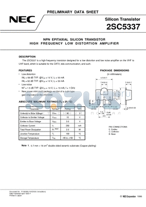 2SC5337 datasheet - NPN EPITAXIAL SILICON TRANSISTOR HIGH FREQUENCY LOW DISTORTION AMPLIFIER