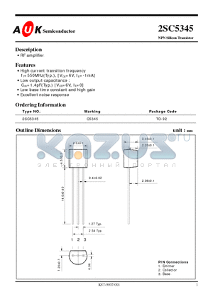 2SC5345 datasheet - NPN Silicon Transistor (RF amplifier)