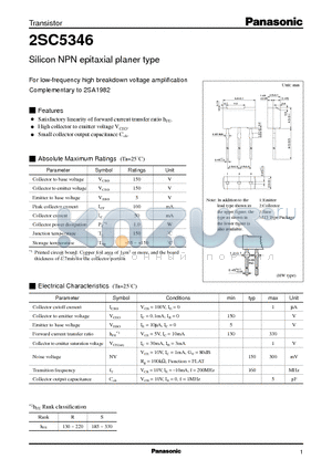 2SC5346 datasheet - Silicon NPN epitaxial planer type(For low-frequency high breakdown voltage amplification)