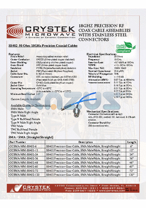 CCSMA-MM-SS402-12 datasheet - SS402 50 Ohm 18GHz Precision Coaxial Cables