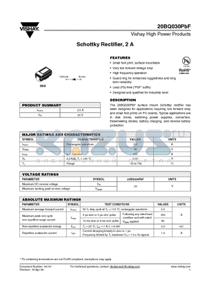 20BQ030PBF datasheet - Schottky Rectifier, 2 A