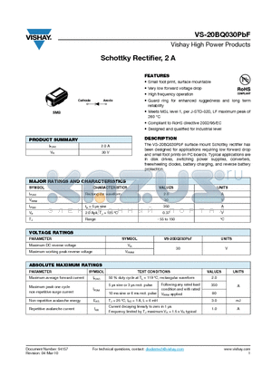 20BQ030PBF datasheet - Schottky Rectifier, 2 A