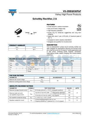 20BQ030TRPBF datasheet - Schottky Rectifier, 2 A