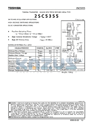 2SC5355 datasheet - NPN TRIPLE DIFFUSED MESA TYPE (SWITCHING REGULATOR, HIGH VOLTAGE SWITCHING, DC-DC CONVERTER APPLICATIONS)