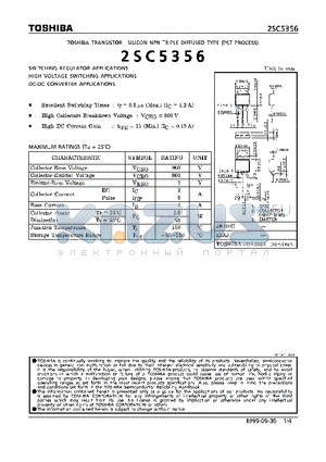 2SC5356 datasheet - NPN TRIPLE DIFFUSED TYPE (SWITCHING REGULATOR, HIGH VOLTAGE SWITCHING, DC-DC CONVERTER APPLICATIONS)