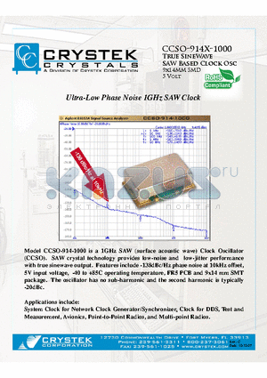 CCSO-914X-1000 datasheet - True SineWave SAW Based Clock Osc 9x14MM SMD 5 Volt