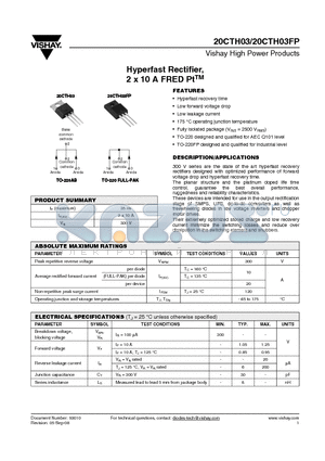 20CTH03 datasheet - Hyperfast Rectifier, 2 x 10 A FRED PtTM