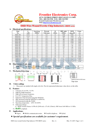 0805F-1R5 datasheet - SMD Wire Wound Ferrite Chip Inductors