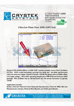 CCSO-914X3-1000 datasheet - True SineWave SAW Based Clock Osc 9x14MM SMD 3.3 Volt