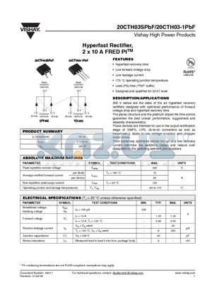 20CTH03-1PBF datasheet - Hyperfast Rectifier, 2 x 10 A FRED PtTM