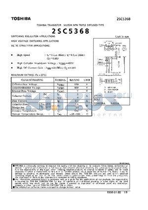 2SC5368 datasheet - NPN TRIPLE DIFFUSED TYPE (SWITCHING REGULATOR, HIGH VOLTAGE SWITCHING, DC-DC CONVERTER APPLICATIONS)