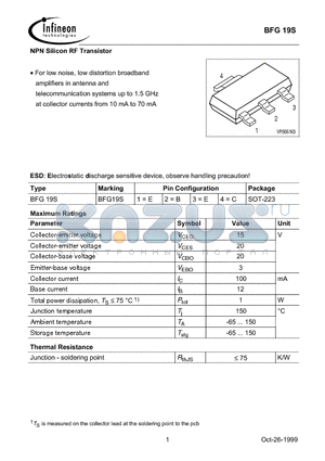 BFG19 datasheet - NPN Silicon RF Transistor