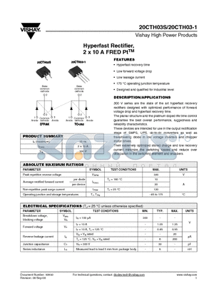 20CTH03-1TRL datasheet - Hyperfast Rectifier, 2 x 10 A FRED PtTM