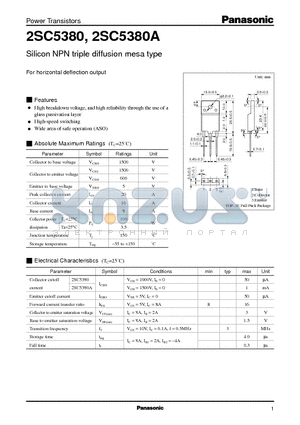 2SC5380 datasheet - For horizontal deflection output