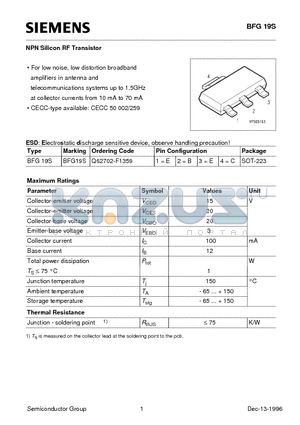 BFG19S datasheet - NPN Silicon RF Transistor (For low noise, low distortion broadband amplifiers in antenna)