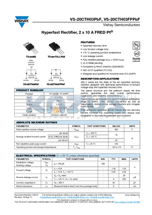 20CTH03FPPBF datasheet - Hyperfast Rectifier, 2 x 10 A FRED Pt