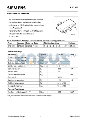 BFG235 datasheet - NPN Silicon RF Transistor (For low-distortion broadband output amplifier stages in antenna and telecommunications)