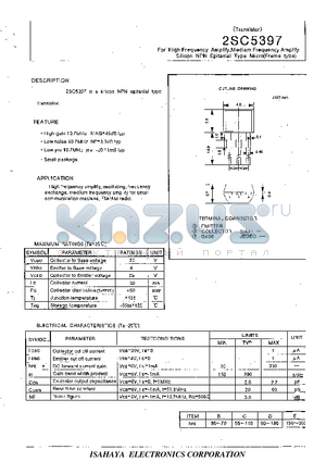 2SC5397 datasheet - TRANSISTOR FOR LOW FREQUENCY AMPLIFY, MEDIAM FREQUENCY AMPLIFY SILICON NPN EPITAXIAL TYPE MICRO