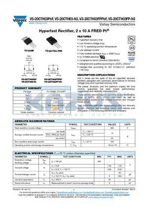 20CTH03PBF datasheet - Hyperfast Rectifier, 2 x 10 A FRED Pt^